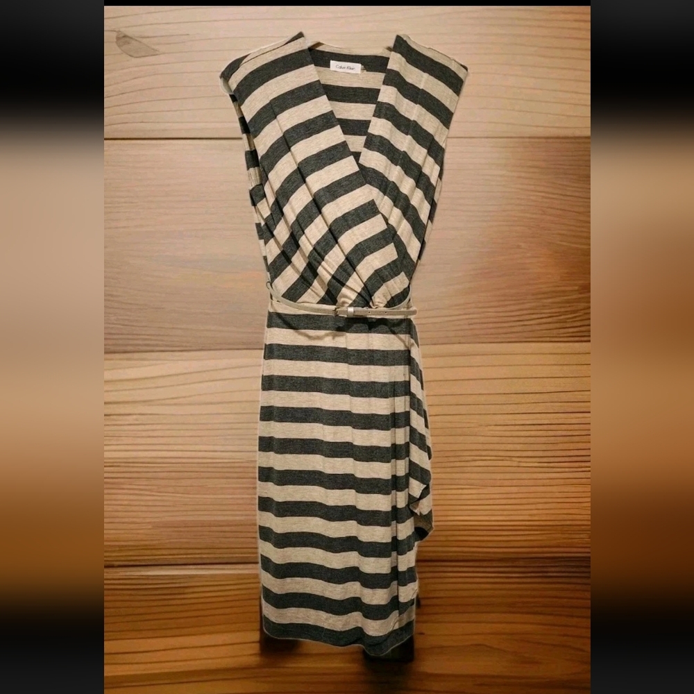 Calvin Klein Neutral Striped Wrap Dress  Minimalist Coastal Casual Belted Soft 2